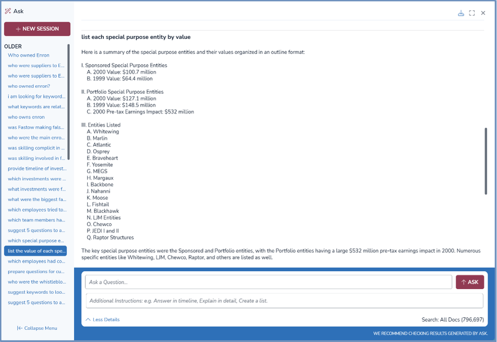Generative AI eDiscovery tool answering a question about information contained within reviewed documents