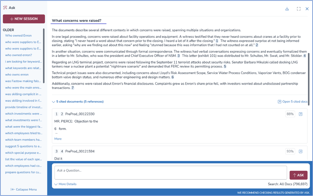 Generative AI eDiscovery tool summarising concerns and identifying supporting documents from reviewed data